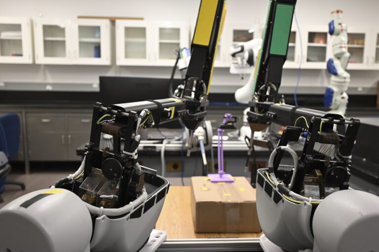 A dual-arm robotic system used for surgical procedures.