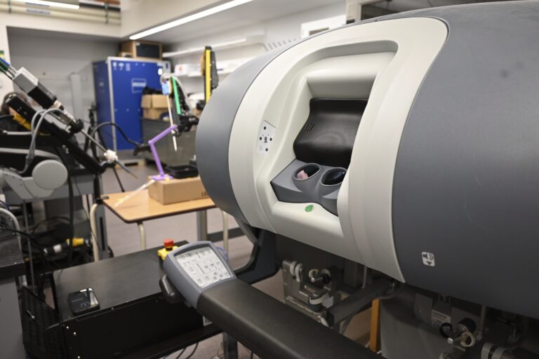 Close-up of the da Vinci Surgical System's robotic console.