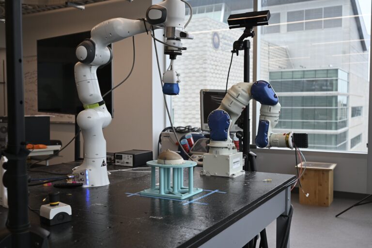 Robotic arms used for detecting breast tumors.