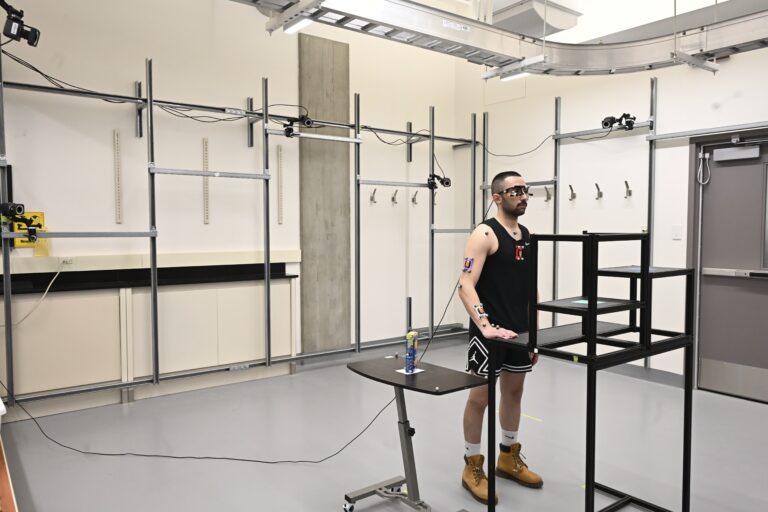 Full-body motion capture in the biomechanics lab's camera-equipped capture volume.
