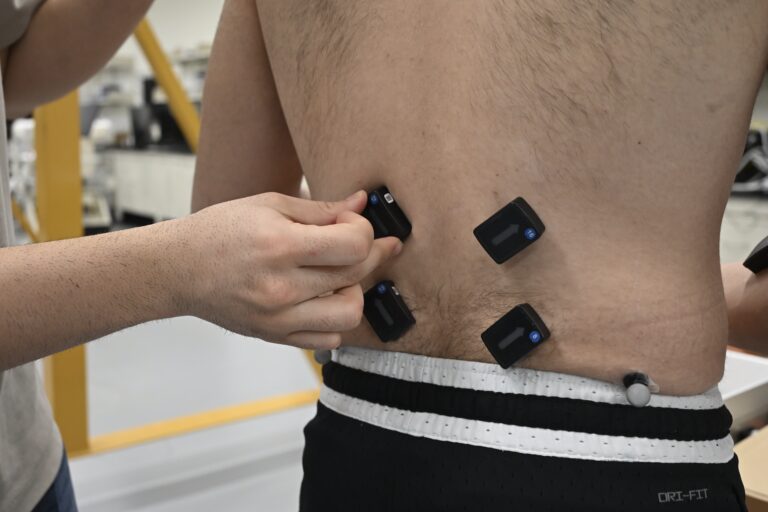Wireless sensors attached to track muscle activity and movement. All photos: Aynaz Raoufian