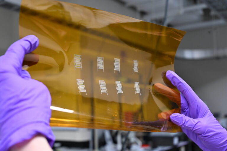 Flexible sensor circuits printed on a polyimide film.